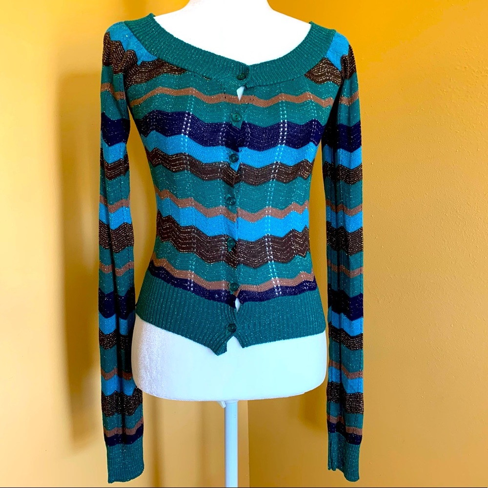 Takeout Size M, Multicolored Ikat print, Button Down Cardigan.